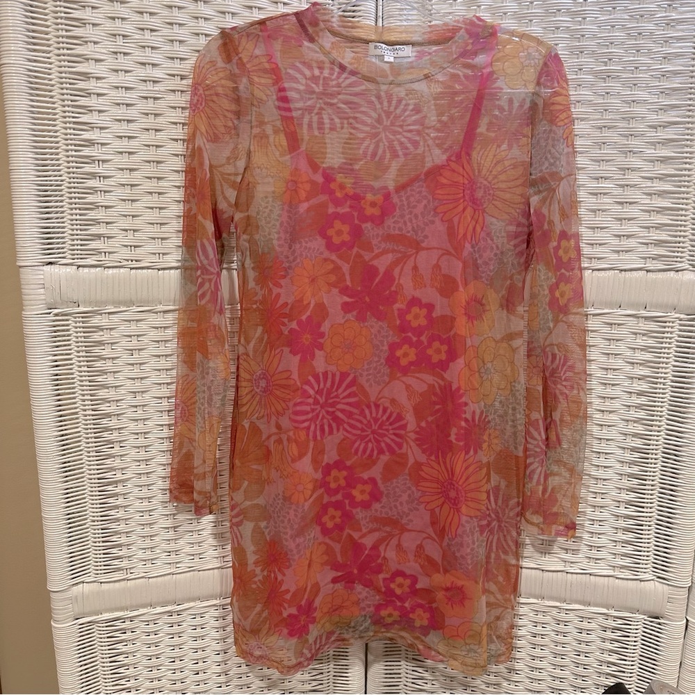 Bolongaro Trevor long sleeve mesh mini dress pink floral L
